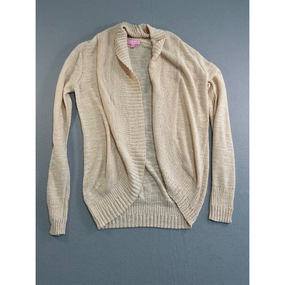 Lilly Pulitzer Cardigan Sweater Womens Small Beige Open Front Shawl Neck Grandma